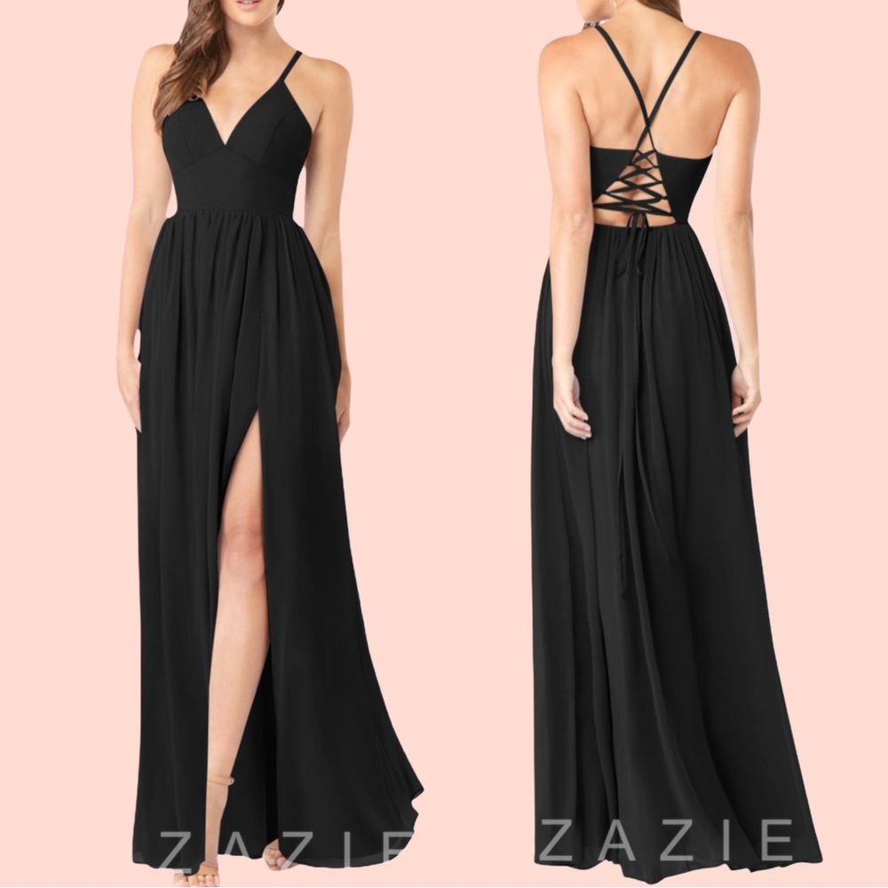 Azazie Aaida Black A-Line Corset Chiffon Dress NWT